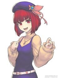 Rule 34 | 1girl, arima kana, belt, blue headwear, bob cut, gofelem, happy, hat, inverted bob, jewelry, looking at viewer, necklace, open mouth, oshi no ko, red eyes, red hair, ring, short hair, smile, sweater, white background