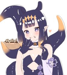 Rule 34 | 1girl, :t, black gloves, black hair, blush, closed mouth, collarbone, commentary, detached collar, eating, english commentary, food, food on face, gloves, head tilt, heart, highres, holding, hololive, hololive english, jiu wei maao, looking at viewer, ninomae ina&#039;nis, ninomae ina&#039;nis (1st costume), pointy ears, purple eyes, solo, takoyaki, tentacles, toothpick, upper body, virtual youtuber, white background