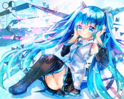 Rule 34 | 1girl, arms up, bare shoulders, black footwear, black skirt, black thighhighs, blue eyes, blue hair, blue necktie, blush, boots, breasts, closed mouth, collared shirt, commentary request, detached sleeves, fingernails, hair between eyes, hair ornament, hatsune miku, kohaku muro, long hair, long sleeves, looking at viewer, necktie, pleated skirt, shirt, skirt, sleeveless, sleeveless shirt, small breasts, smile, solo, thigh boots, thighhighs, twintails, very long hair, vocaloid, white shirt