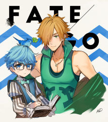 Rule 34 | 2boys, animal, animal on head, bird, bird on head, black-framed eyewear, blue bow, blue eyes, blue hair, blush, book, bow, bowtie, closed mouth, clover, copyright name, fate/grand order, fate (series), glasses, green eyes, hair over one eye, hans christian andersen (fate), highres, holding, holding book, jewelry, kippu, light brown hair, long sleeves, looking at viewer, male focus, multiple boys, necklace, on head, robin hood (fate), signature, sleeveless, striped, sweat