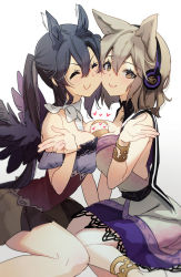 Rule 34 | 2girls, animal ears, anklet, bandana, bare shoulders, beige shirt, between breasts, black hair, black wings, blurry, bracelet, breast press, breasts, c:, cheek-to-cheek, chest tattoo, closed eyes, closed mouth, commentary request, depth of field, earmuffs, extra ears, feathered wings, feet out of frame, flapping ears, food between breasts, hair between eyes, hands up, heads together, heart, highres, horse ears, jewelry, kurokoma saki, large breasts, light brown hair, long hair, looking at viewer, multiple girls, no headwear, off-shoulder shirt, off shoulder, pegasus wings, pointy hair, ponytail, shirt, sitting, sleeveless, sleeveless shirt, smile, symmetrical docking, syuri22, tattoo, touhou, toyosatomimi no miko, v-shaped eyebrows, very long hair, wings, yokozuwari, yuri