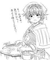 Rule 34 | 1girl, bandana, bowl, breasts, commentary request, cowboy shot, cutting board, dated, greyscale, hair flaps, hair ornament, hairclip, jingei (kancolle), kantai collection, kirisawa juuzou, knife, large breasts, lineart, long hair, looking at viewer, low ponytail, monochrome, solo, translation request