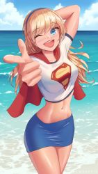 Rule 34 | 1girl, alien, beach, blonde hair, blue eyes, breasts, cape, dc comics, gloves, grin, hand on head, happy, headband, kryptonian, legs, long hair, looking at viewer, medium breasts, navel, one eye closed, open mouth, red cape, shiny skin, shirt, skirt, sky, smile, solo, standing, supergirl, water, white shirt, wink