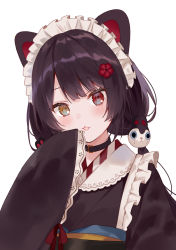 Rule 34 | 1girl, :3, animal ears, black hair, blush, dog ears, dog girl, dog hair ornament, flower, fukahire (ruinon), hair flower, hair ornament, heterochromia, highres, inui toko, japanese clothes, kimono, long hair, long sleeves, low twintails, maid, nijisanji, obi, open mouth, red eyes, sash, simple background, sleeves past wrists, smile, solo, twintails, upper body, very long hair, virtual youtuber, wa maid, white background, yellow eyes