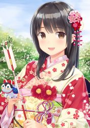 Rule 34 | 1girl, :d, absurdres, arrow (projectile), black hair, blunt bangs, blush, brown eyes, commentary request, day, floral print, flower, hair flower, hair ornament, hamaya, highres, holding, holding arrow, japanese clothes, kimono, long hair, long sleeves, looking at viewer, multicolored clothes, multicolored kimono, n.g., nail polish, obi, open mouth, original, outdoors, pink flower, print kimono, red flower, red kimono, sash, sidelocks, sky, smile, solo, white kimono, wide sleeves
