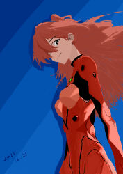 Rule 34 | 1girl, 2023, absurdres, artist request, ass, blue background, bodysuit, breasts, brown hair, dated, floating hair, highres, interface headset, long hair, looking at viewer, medium breasts, neon genesis evangelion, plugsuit, red bodysuit, shiny clothes, simple background, smile, solo, souryuu asuka langley, two side up