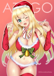 Rule 34 | 1girl, absurdres, arms up, atago (kancolle), bell, blonde hair, blue eyes, breasts, christmas, cleavage, elbow gloves, gloves, hat, highres, himura moritaka, jingle bell, kantai collection, large breasts, long hair, looking at viewer, navel, one eye closed, open mouth, red background, red gloves, red thighhighs, santa costume, santa hat, thighhighs, twitter username