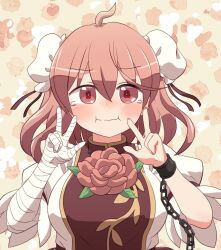 Rule 34 | 1girl, :i, ahoge, bandaged arm, bandages, bandaid, blush, breasts, bun cover, carnation, chain, cuffs, double bun, double v, double w, flower, gold trim, hair between eyes, hair bun, hands up, highres, ibaraki kasen, large breasts, looking at viewer, pink flower, rokugou daisuke, shackles, solo, tabard, tears, touhou, upper body, v, w