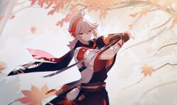 Rule 34 | 1boy, ahoge, antenna hair, autumn leaves, bandaged arm, bandages, belt, black scarf, bow, branch, brown belt, brown bow, brown gloves, brown shorts, closed mouth, day, fingerless gloves, genshin impact, gloves, hair between eyes, hands up, highres, holding, holding sword, holding weapon, jk 4140, kaedehara kazuha, katana, leaf, looking down, male focus, multicolored hair, outdoors, ponytail, red eyes, red hair, red scarf, red shirt, scarf, shirt, short hair, short ponytail, short sleeves, shorts, sidelocks, sky, solo, standing, streaked hair, striped, striped bow, sword, tassel, tree, two-tone hair, two-tone shirt, weapon, white hair, white shirt, white sky