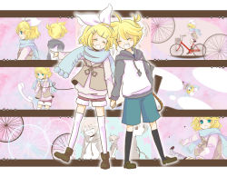 Rule 34 | 1boy, 1girl, aqua eyes, bad id, bad pixiv id, bicycle, blonde hair, brother and sister, closed eyes, hair ornament, hair ribbon, hairclip, happy, hetero, holding hands, kagamine len, kagamine rin, rencon, ribbon, scarf, short hair, siblings, smile, thighhighs, twins, vocaloid
