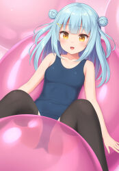Rule 34 | 1girl, :d, aqua hair, bare arms, black thighhighs, blue one-piece swimsuit, blush, breasts, covered navel, double bun, feet out of frame, hair bun, hair ornament, hairclip, highres, long hair, lying, medium breasts, on back, one-piece swimsuit, open mouth, original, sasaame, school swimsuit, smile, solo, swimsuit, thighhighs, yellow eyes