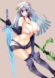 Rule 34 | 1girl, areola slip, bikini, bikini top only, blue eyes, blue hair, blush, breasts, hat, highres, huge breasts, long hair, matching hair/eyes, open mouth, shorts, simple background, solo, swimsuit, sword, thighhighs, thighs, weapon, wedge (tyrl stride)