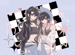 Rule 34 | 2girls, black eyes, black hair, black jacket, blue background, blue skirt, blush, breasts, cleavage, closed mouth, collarbone, commentary, genderswap, genderswap (mtf), hair between eyes, hand on own hip, heart, highres, hip vent, jacket, kim dokja, long hair, long sleeves, looking at viewer, medium breasts, midriff, multiple girls, navel, neckerchief, omniscient reader&#039;s viewpoint, open clothes, open jacket, parted lips, pink neckerchief, single bare shoulder, skirt, small breasts, smile, standing, star (symbol), symbol-only commentary, ya qaq, yoo joonghyuk