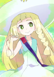 Rule 34 | 1girl, blonde hair, blush, braid, closed mouth, creatures (company), dress, game freak, green eyes, hat, ixy, lillie (pokemon), long hair, looking at viewer, nintendo, pokemon, pokemon sm, sleeveless, sleeveless dress, smile, solo, twin braids, white dress, white hat