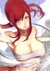 Rule 34 | 1girl, artist name, bandages, bandages around chest, breasts, cleavage, collarbone, dual wielding, erza scarlet, fairy tail, hananon, holding, large breasts, looking at viewer, parted lips, ponytail, red eyes, red hair, sarashi, solo, sword, weapon