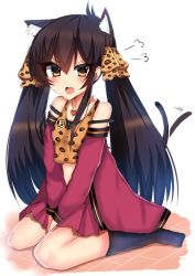 Rule 34 | 1girl, afterimage, animal ears, animal print, bad id, bad pixiv id, bare shoulders, between legs, black hair, black socks, blush, brown camisole, brown eyes, camisole, cat ears, cat girl, cat tail, commentary request, fang, hair between eyes, hair ribbon, hand between legs, highres, idolmaster, idolmaster cinderella girls, jacket, kemonomimi mode, kneehighs, leopard print, long hair, long sleeves, looking at viewer, matoba risa, no shoes, open clothes, open jacket, open mouth, pink jacket, pink skirt, pleated skirt, print camisole, print ribbon, ribbon, ricroot, sitting, skirt, socks, solo, tail, tail wagging, twintails, v-shaped eyebrows, very long hair, wariza