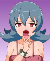 Rule 34 | 1girl, bare shoulders, blue hair, blush, bracelet, breasts, collarbone, creatures (company), female focus, game freak, gradient background, gym leader, hair between eyes, half-closed eyes, hami gakko, hand up, highres, jewelry, large breasts, looking at viewer, naughty face, nintendo, open mouth, pokemon, pokemon hgss, purple background, red eyes, red shirt, sabrina (pokemon), shiny skin, shirt, short hair, simple background, sleeveless, sleeveless shirt, solo, spaghetti strap, tank top, teeth, tongue, tongue out, upper body, uvula