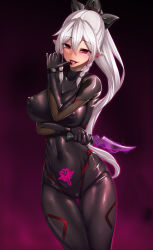 Rule 34 | 1girl, aura, black bodysuit, blush, bodysuit, braid, breasts, cameltoe, corruption, covered erect nipples, covered navel, cowboy shot, dagger, dark persona, earrings, elf, facial mark, gradient background, hair between eyes, highres, holding, holding weapon, impossible bodysuit, impossible clothes, jewelry, knife, large breasts, leafa, long hair, miyashiro ryuutarou, naughty face, open mouth, pointy ears, ponytail, pubic tattoo, purple background, solo, sword art online, tattoo, thigh gap, thumb to mouth, twin braids, weapon, white hair