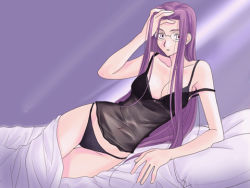 Rule 34 | 1girl, bed, boribeya, camisole, fate/stay night, fate (series), glasses, lowres, medusa (fate), medusa (rider) (fate), panties, solo, square pupils, strap slip, underwear