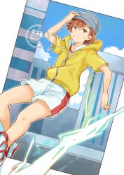 Rule 34 | 1girl, alternate costume, arm up, blue sky, brown eyes, brown hair, building, clenched teeth, cloud, cloudy sky, commentary request, day, electricity, electrokinesis, psychic, fantasy, full body, grey headwear, ha neko, hand up, hood, hooded jacket, hoodie, jacket, misaka mikoto, outdoors, psychic, science fiction, shoes, short hair, shorts, sky, sneakers, solo, teeth, toaru kagaku no railgun, toaru majutsu no index, white shorts, yellow jacket