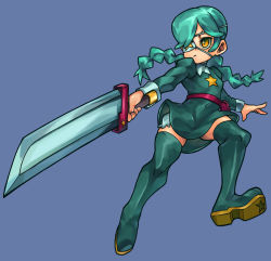Rule 34 | 1girl, annie (skullgirls), bloomers, blue background, boots, braid, eyepatch, frown, green hair, high collar, highres, holding, holding sword, holding weapon, juliet sleeves, long sleeves, puffy sleeves, skirt, skullgirls, solo, sword, thigh boots, thighhighs, twin braids, underwear, waa153, weapon, yellow eyes