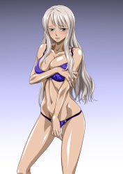 Rule 34 | 1girl, bare arms, bare legs, bare shoulders, blue bra, blue eyes, blue panties, blush, bra, breasts, breasts squeezed together, covering privates, embarrassed, gradient background, grey hair, groin, highres, large breasts, legs, long hair, looking at viewer, mature female, navel, nel-zel formula, nico olvia, one piece, panties, parted lips, shiny skin, simple background, solo, standing, thighs, underwear