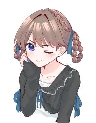 Rule 34 | 1girl, ;), black sleeves, blush, braid, braided hair rings, brown hair, closed mouth, collarbone, commentary, cropped torso, crown braid, fujishima megumi, highres, link! like! love live!, long sleeves, looking at viewer, love live!, one eye closed, purple eyes, shirt, short hair, simple background, sleeves past wrists, smile, solo, split mouth, two side up, upper body, virtual youtuber, white background, white shirt, zangemiya