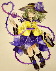 Rule 34 | 1girl, black hat, blouse, bow, buttons, diamond button, eyeball, flower, frilled shirt collar, frilled sleeves, frills, full body, green eyes, hat, hat ribbon, heart, heart of string, key747h, komeiji koishi, light green hair, long sleeves, looking at viewer, medium hair, open mouth, painting (medium), plant, purple flower, purple rose, purple skirt, ribbon, rose, shirt, skirt, smile, solo, teeth, third eye, thorns, touhou, traditional media, upper teeth only, vines, watercolor (medium), wavy hair, white background, wide sleeves, yellow ribbon, yellow shirt