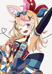 Rule 34 | 1girl, :o, animal ear fluff, animal ears, black gloves, blonde hair, blue bow, bow, braid, clothing cutout, dress, elbow gloves, fox ears, fox girl, gezerun, gloves, hair bow, highres, hololive, long hair, looking at viewer, multicolored clothes, multicolored dress, navel, navel cutout, omaru polka, omaru polka (1st costume), one eye closed, open mouth, pink bow, purple eyes, side braid, smile, solo, virtual youtuber, white background, yellow bow