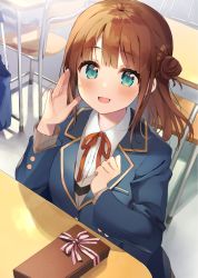 Rule 34 | 1girl, :d, bag, blazer, blue jacket, blush, bow, box, brown hair, brown sweater, chair, collared shirt, commentary request, desk, gift, gift box, green eyes, hair bun, hand up, highres, indoors, jacket, long hair, long sleeves, looking at viewer, neck ribbon, open mouth, original, pink bow, red ribbon, ribbon, school chair, school desk, school uniform, shirt, side bun, single hair bun, single side bun, smile, solo, striped, striped bow, sweater, valentine, white shirt, yushima