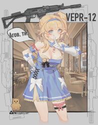Rule 34 | 1girl, artist name, blue dress, blue eyes, blue hairband, breasts, bulgarian text, chair, cleavage, closed mouth, commentary, cropped legs, dress, english commentary, english text, girls&#039; frontline, girls&#039; frontline 2: exilium, gloves, gun, hair intakes, hairband, hand on own hip, hand up, highres, indoors, looking at viewer, medium hair, official alternate costume, rosetta(obsidian117), shotgun, side ponytail, solo, speech bubble, stuffed animal, stuffed toy, teddy bear, translated, vepley (girls&#039; frontline 2), vepr-12, weapon, white gloves, window