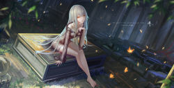 Rule 34 | 1girl, barefoot, blurry, blurry background, blurry foreground, breasts, bug, butterfly, choker, crossed legs, dress, english text, highres, insect, long hair, looking at viewer, off-shoulder dress, off shoulder, original, petals, see-through, silver hair, sitting, small breasts, solo, strapless, strapless dress, wangchuan de quanyan, yellow eyes