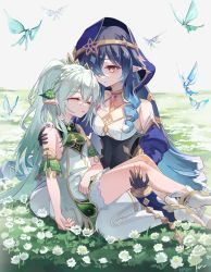 Rule 34 | 2girls, age difference, bare legs, bare shoulders, black gloves, blue hair, blue hood, blue sleeves, blush, braid, breasts, bright pupils, carrying, child, claw ring, closed mouth, commentary request, crystalfly (genshin impact), detached sleeves, dress, flower, genshin impact, gloves, gradient hair, grass, green hair, hair between eyes, hair ornament, hair over one eye, highres, jewelry, layla (genshin impact), leaf hair ornament, long hair, looking at another, medium breasts, multicolored hair, multiple girls, nahida (genshin impact), neck ring, onee-loli, outdoors, painttool sai (medium), parted lips, pointy ears, princess carry, ringlets, samele otaku, short dress, short sleeves, side ponytail, sitting, sleeping, socks, toeless footwear, two-tone hair, wariza, white dress, white flower, white hair, white pupils, white socks, yellow eyes, yuri