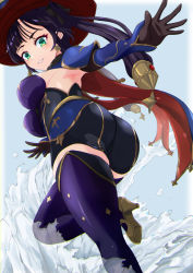 Rule 34 | 1girl, alternate costume, ass, breasts, cape, detached sleeves, elbow gloves, from behind, from below, genshin impact, gloves, green eyes, hair ornament, hair ribbon, hat, high heels, highres, konomumu, long hair, looking at viewer, looking down, medium breasts, mona (genshin impact), purple hair, ribbon, shiny clothes, shiny skin, short shorts, shorts, smile, solo, thighhighs, twintails, very long hair