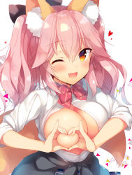 Rule 34 | 1girl, :d, animal ear fluff, animal ears, black ribbon, black skirt, blush, bow, bowtie, breasts, buttons, cleavage, clothes around waist, collared shirt, commentary request, dress shirt, fang, fate/grand order, fate (series), hair between eyes, hair ribbon, heart-shaped boob challenge, jacket, jacket around waist, large breasts, long hair, looking at viewer, official alternate costume, open clothes, open mouth, open shirt, pink hair, plaid, plaid bow, plaid bowtie, plaid neckwear, plaid skirt, red bow, red bowtie, ribbon, sazaki ichiri, school uniform, shirt, shirt tucked in, short sleeves, sidelocks, skirt, smile, solo, tamamo (fate), tamamo no mae (fate/extra), tamamo no mae (jk) (fate), twintails, wavy hair, white background, white shirt, yellow eyes