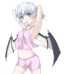 Rule 34 | 1girl, alternate hairstyle, armpits, blue hair, female focus, navel, no bra, non-web source, red eyes, remilia scarlet, simple background, solo, standing, touhou, white background, wings