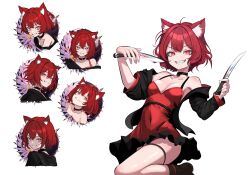 Rule 34 | ai-assisted, animal ears, black choker, black jacket, breasts, cat ears, cat girl, choker, dress, dual wielding, frilled dress, frills, grin, highres, holding, hood, hood down, hooded jacket, jacket, knife, kosame (rainymoonfox), long sleeves, looking at viewer, medium breasts, off shoulder, open clothes, open jacket, original, red dress, red eyes, red hair, short dress, short hair, sleeveless, sleeveless dress, smile