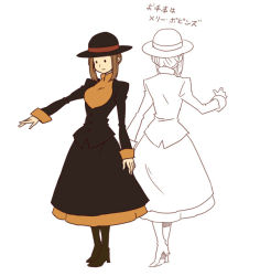 Rule 34 | 1girl, boots, character sheet, dress, female focus, gender request, genderswap, hat, hershel layton, level-5, partially colored, professor layton, simple background, solo, standing, translation request, white background