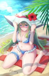 Rule 34 | 1girl, alternate costume, bare shoulders, beach, beach towel, bikini, blue eyes, blush, breasts, cleavage, closed mouth, commentary, day, embarrassed, english commentary, fern, fire emblem, fire emblem: path of radiance, fire emblem heroes, frills, green hair, hat, highres, holding, holding clothes, holding hat, ippers, large breasts, lens flare, long hair, looking at viewer, navel, nephenee, nintendo, outdoors, sand, sitting, solo, sun hat, swimsuit, thigh strap, towel, very long hair, wariza, water
