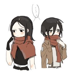 ... 2girls black_eyes black_gloves black_hair blush crossover deformed dungeon_meshi gloves grey_eyes hair_between_eyes jacket long_zhi_feng_di_renxin_poce medium_hair mikasa_ackerman multiple_girls paradis_military_uniform red_scarf rin_(dungeon_meshi) scarf shared_speech_bubble shingeki_no_kyojin short_hair simple_background speech_bubble spoken_ellipsis upper_body white_background