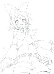 Rule 34 | 1girl, blush, bow, crop top, detached sleeves, fang, flat chest, greyscale, hair bow, hair ornament, hairclip, headphones, headset, kagamine rin, looking at viewer, midriff, monochrome, navel, sailor collar, short hair, shorts, sketch, smile, solo, sudachi (calendar), treble clef, vocaloid