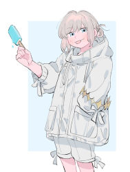 Rule 34 | 1boy, blush, border, coat, commentary, drawstring, english commentary, fate/grand order, fate (series), food, grey eyes, grey hair, hair bun, hand in pocket, highres, holding, holding food, holding popsicle, hood, hooded coat, looking at viewer, male focus, oberon (fate), oneroom-disco, popsicle, shorts, solo, tongue, tongue out, white border, white coat, white shorts