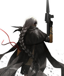 Rule 34 | 1girl, assault rifle, back, black gloves, black jacket, black skirt, braid, braided ponytail, cero (last2stage), dark persona, eyepatch, girls&#039; frontline, gloves, gun, hand up, highres, holding, holding weapon, jacket, long hair, m16, m16a1, m16a1 (boss) (girls&#039; frontline), m16a1 (girls&#039; frontline), multicolored hair, rifle, scar, scar across eye, scar on face, shirt, silver hair, skirt, solo, weapon, white background, yellow shirt