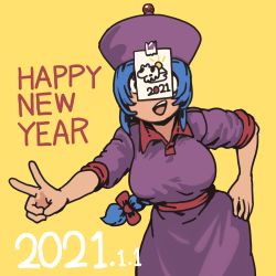 Rule 34 | 1girl, 2021, absurdres, blue hair, bow, braid, braided ponytail, breasts, chanta (ayatakaoisii), chinese zodiac, cowboy shot, dated, dress, hair bow, hand on own hip, happy new year, highres, jiangshi (chanta), long hair, new year, open mouth, original, pants, purple dress, purple headwear, red bow, simple background, smile, solo, v, very long hair, year of the ox, yellow background, yellow pants