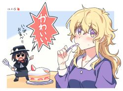 Rule 34 | 2girls, :o, arm up, black capelet, black footwear, black headwear, black skirt, blonde hair, blush, border, bow, bowtie, brown hair, cake, cake slice, capelet, chibi, closed mouth, collarbone, date pun, dated, eating, eyes visible through hair, fedora, food, fork, from side, fruit, hair between eyes, hair bow, hair ribbon, hand up, hat, hat bow, holding, holding fork, legs apart, long hair, long skirt, long sleeves, looking at viewer, looking to the side, maribel hearn, mini person, minigirl, multicolored eyes, multiple girls, no nose, nose blush, number pun, open mouth, outside border, puffy long sleeves, puffy sleeves, purple eyes, re ghotion, red bow, red bowtie, ribbon, short hair, skirt, sleeve cuffs, speech bubble, standing, strawberry, strawberry day, strawberry shortcake, strawberry slice, sweat, table, tareme, touhou, translation request, tress ribbon, upper body, usami renko, utensil in mouth, v-shaped eyebrows, wavy hair, white border, white bow, wing collar