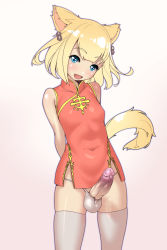Rule 34 | 10s, 1futa, :d, animal ears, arms behind back, bare shoulders, blonde hair, blue eyes, breasts, cat ears, cat tail, china dress, chinese clothes, covered navel, dress, final fantasy, final fantasy xiv, futanari, highres, khloe aliapoh, looking at viewer, miqo&#039;te, open mouth, panties, penis, sleeveless, small breasts, smile, solo, tail, testicles, thighhighs, tomoyuki kotani, underwear, white panties, white thighhighs
