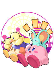Rule 34 | absurdres, animal ears, bandana, bandana waddle dee, bird, blue bandana, blush stickers, closed eyes, colored skin, duck, duckling, elfilin, ferris wheel, highres, kirby, kirby (series), kirby and the forgotten land, mouse ears, nintendo, no humans, notched ear, on head, pink skin, solid oval eyes, ssaaggwwaa, star (symbol), tail