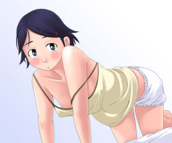 Rule 34 | 00s, 1girl, all fours, barefoot, bent over, bloomers, blue eyes, blue hair, blush, boxers, camisole, downblouse, female focus, hair ornament, hairclip, male underwear, maria-sama ga miteru, matching hair/eyes, midriff, no bra, off shoulder, short hair, solo, strap slip, toshifumi, underwear, yamaguchi mami