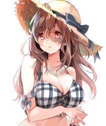 Rule 34 | 1girl, bikini, blush, breasts, brown hair, cleavage, flower, flower necklace, hat, highres, icca ma, idolmaster, idolmaster shiny colors, interlocked fingers, jewelry, large breasts, long hair, looking afar, necklace, own hands together, plaid, plaid bikini, red eyes, simple background, solo, straight hair, straw hat, sun hat, sweatdrop, swimsuit, tsukioka kogane, upper body, white background