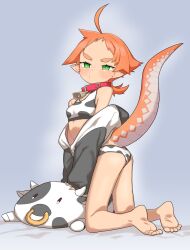 Rule 34 | 1girl, absurdres, ahoge, animal collar, animal costume, animal print, bare shoulders, bell, blush, collar, commentary request, cow costume, cow print, cowbell, feet, forehead, frown, full body, green eyes, highres, kneeling, linea-chan (owasaki), lizard tail, looking at viewer, neck bell, open clothes, orange hair, original, owasaki, panties, pointy ears, puckered lips, short hair, simple background, solo, sports bra, tail, toes, tomboy, twisted torso, underwear, v-shaped eyebrows